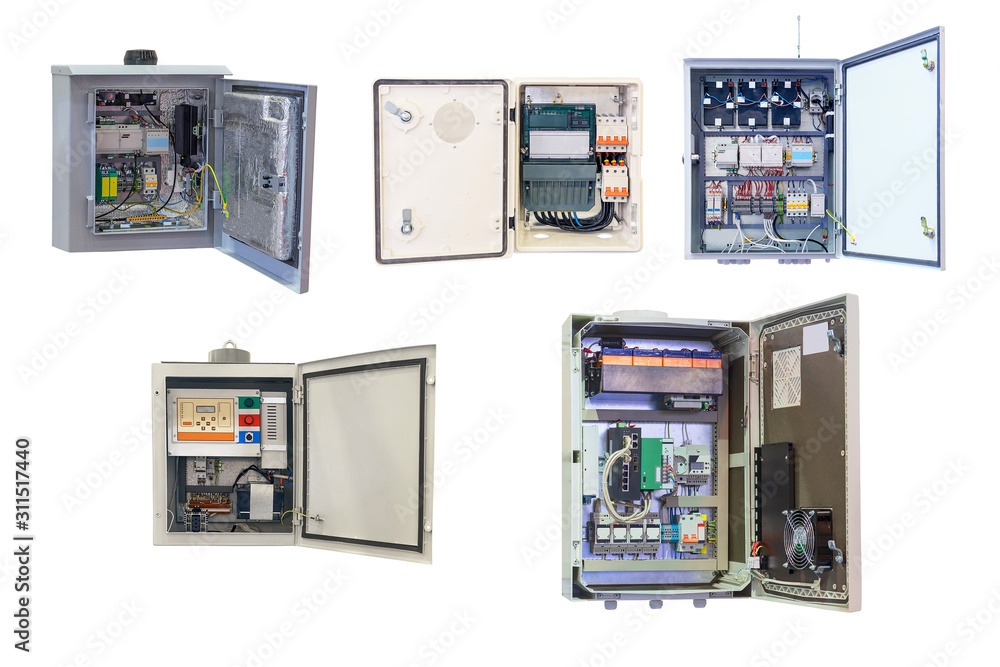 five electrical control Cabinet with an open door isolated on a white background five electrical control Cabinet with an open door isolated on a white background