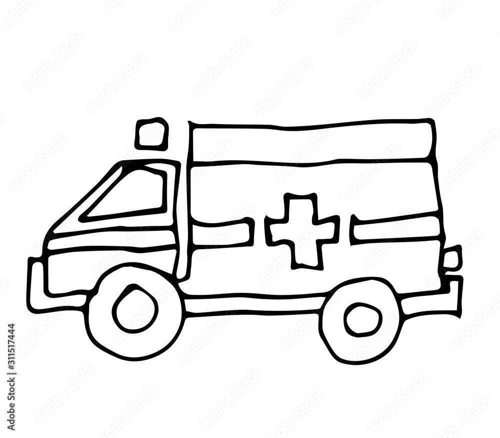 Cute car with outlined for coloring book isolated on a white background. Vector illustration of hand drawn black and white cars. Ambulance.