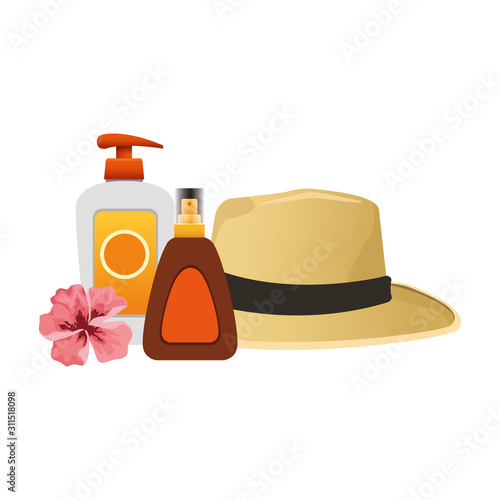 beach hat with sunscreens bottles, colorful design