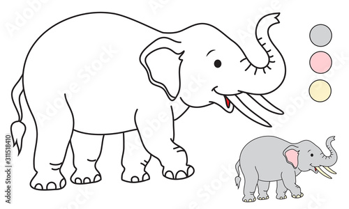 Coloring elephant, cute cartoon character, for children's creativity, print.