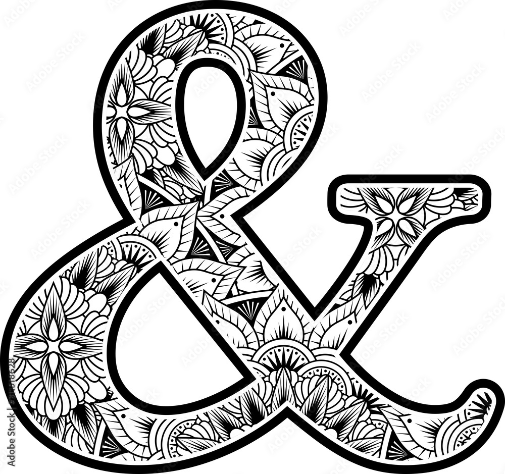 ampersand symbol with abstract flowers ornaments in black and white. design  inspired from mandala art style for coloring. Isolated on white background  Stock Vector | Adobe Stock