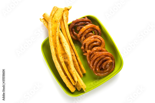 Indian Cuisine Fafda and Jalebi, special and famous dish of Gujarat. photo