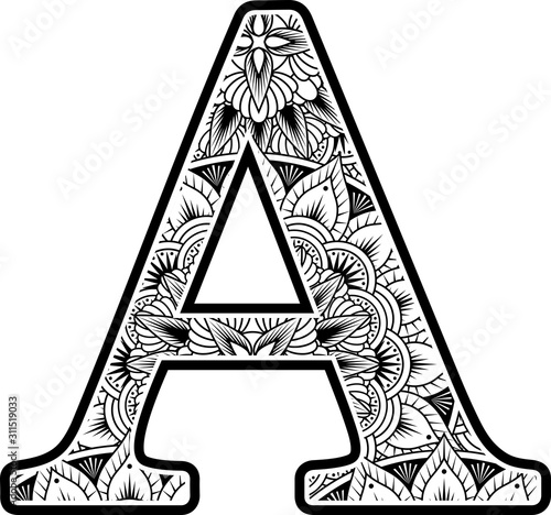 capital letter a with abstract flowers ornaments in black and white. design inspired from mandala art style for coloring. Isolated on white background