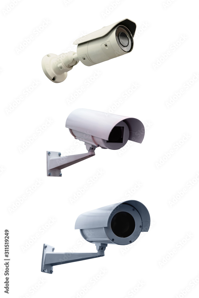 Three modern video cameras to track the situation at the object on a white background. Vertically Three modern video cameras to track the situation at the object on a white background. Vertically