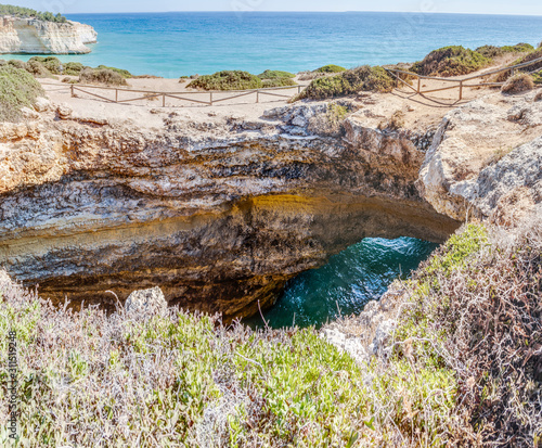 Panoramic view on cliffy Algarve coast in Portugal in summer