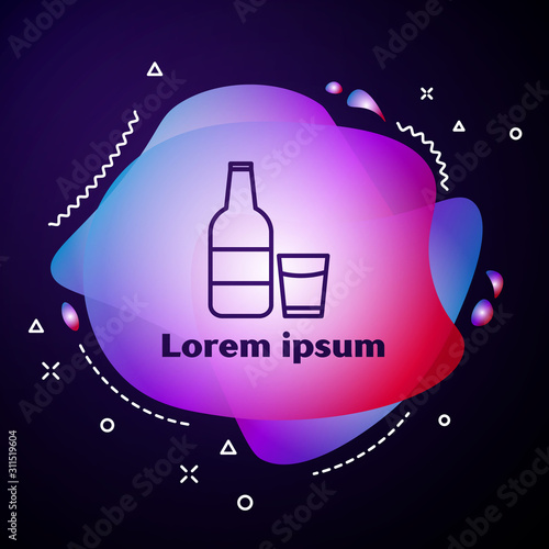 Purple line Closed glass bottle with milk and glass icon isolated on dark blue background. Abstract banner with liquid shapes. Vector Illustration