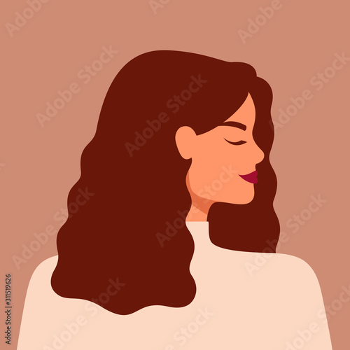 Portrait of a strong beautiful woman in profile with brown hair. Avatar of confident young caucasian girl. Vector illustration