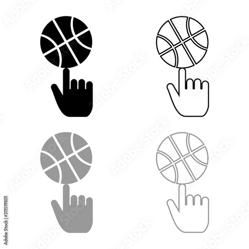 Basketball ball spinning on top of index finger icon outline set black grey color vector illustration flat style image