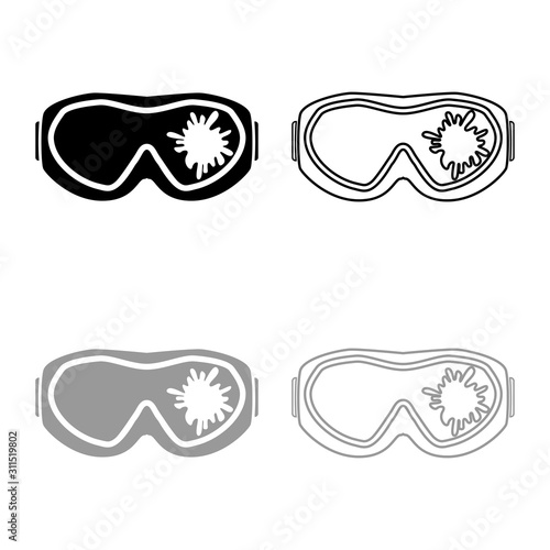 Paintball mask with mark of paint Blot on glass icon outline set black grey color vector illustration flat style image
