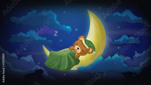 cute teddy bear cartoon sleeping on moon, looped video background.
