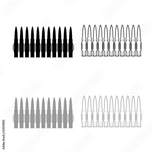 Bullets in row belt Machine gun cartridges Bandoleer War concept icon outline set black grey color vector illustration flat style image