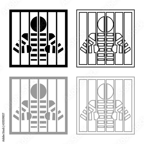 Prisoner behind bars holds rods with his hands Angry man watch through lattice in jail Incarceration concept icon outline set black grey color vector illustration flat style image