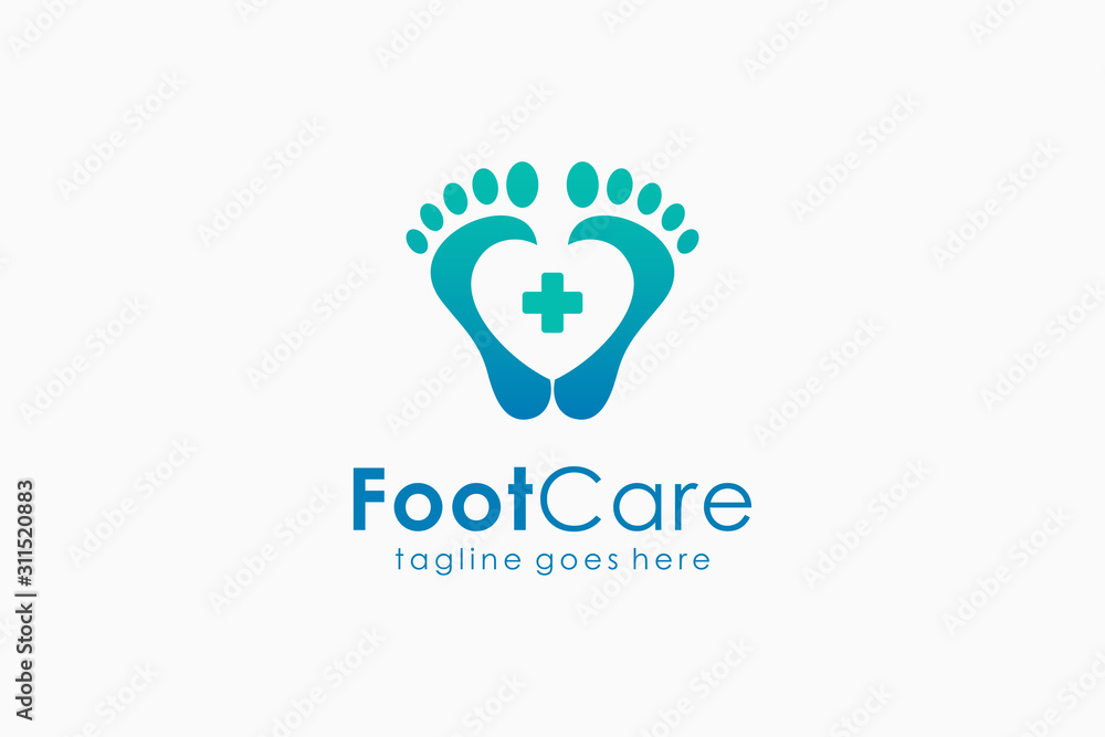 Foot Care Medical Logo. Footprint and Heart Symbol with Cross Icon inside. Flat Vector Logo Design Template Element