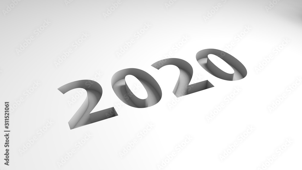 3D rendering of a white surface in which there is a dip in the shape of 2020, the date of the new year. 3D rendering of a white surface in which there is a dip in the shape of 2020, the date of the new year.
