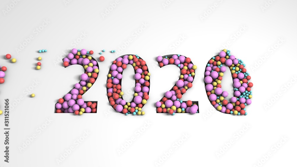 3D rendering of a set of colored balls located in the hole in the form of 2020, the date of the new year. Abstract image for calendars.