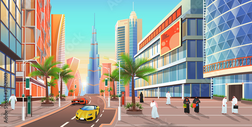 Street in Dubai, cityscape of city in uae. United Arab emirates skyline with skyscrapers and modern luxury sportscars. Citizens and exterior of buildings appartmens of Dubai town, architecture vector