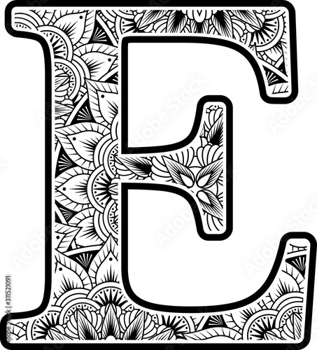 capital letter e with abstract flowers ornaments in black and white. design inspired from mandala art style for coloring. Isolated on white background