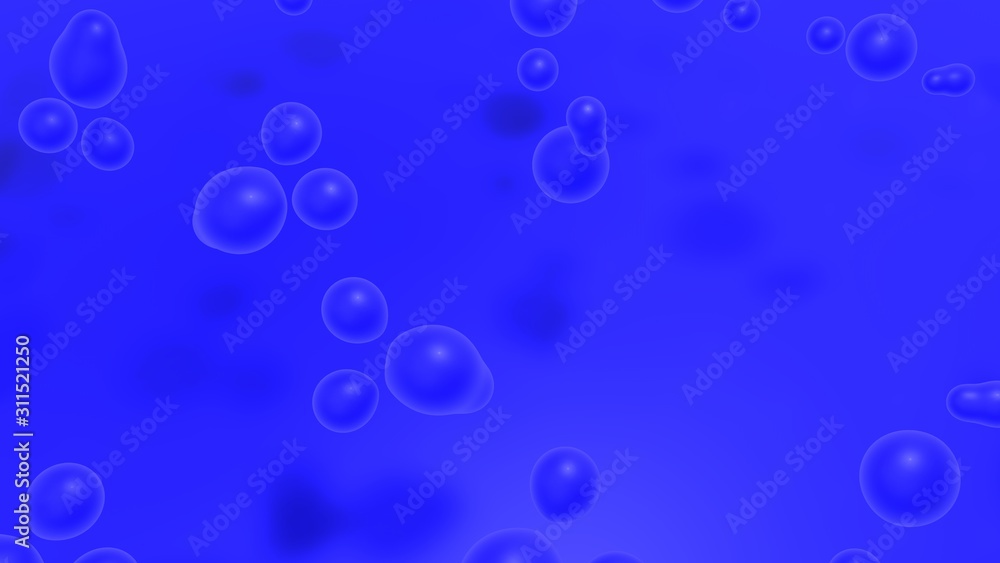 3D rendering of many drops of blue color scattered randomly in the space above the blue surface. Idea for futuristic, illustration for abstract compositions, screensavers on the desktop.
