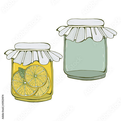Set of glass empty jar for canning and jar with lemon jam. Square shape with right angles. With the lid closed. Vector illustration isolated on white background. Canned packaging, tableware.