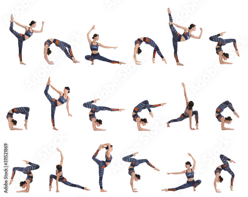 Collage of professional young acrobat exercising on white background © New Africa
