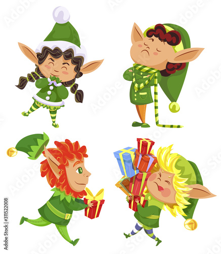 Collection of christmas characters, isolated xmas elves wearing traditional costumes. Kids with presents for winter holidays. Child with gifts in boxes. Dwarfs boys and girls, vector in flat