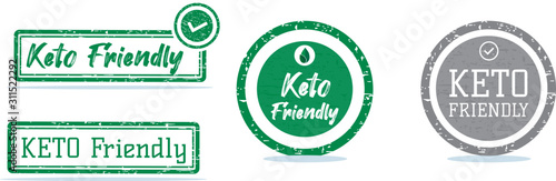Keto friendly food product label. Diet nutrition. vector rubber ketosis stamp for print on package label, wrapping, tote bags, boxes or promotional materials. Vector  with rough texture.