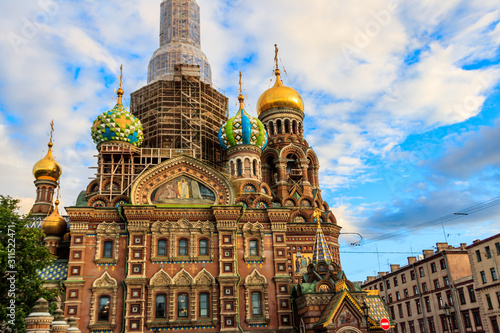 Church of Savior on Spilled Blood or Cathedral of Resurrection of Christ is one of main sights of Saint Petersburg  Russia. Central dome of Church of the Savior on Spilled Blood under reconstruction