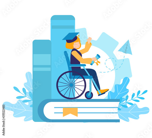 A disabled girl in a wheelchair studied and graduated from school or university. Certificate of skill. Graduation cap. inclusive high school or inclusive distance learning. Flat vector illustration