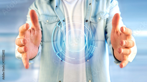 Businessman holding a Shinny technologic computer button - 3d render