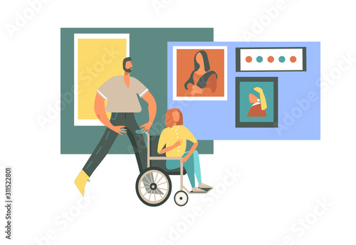Cute vector illustration of romantic couple visiting art gallery with famous classic paintings. Young man and disabled girl in wheelchair enjoy accessible space on excursion in museum
