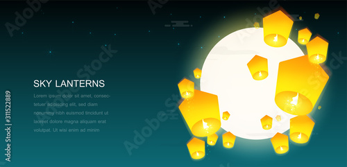 Sky lanterns floating in night sky. Vector illustration. 