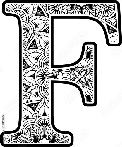 capital letter f with abstract flowers ornaments in black and white. design inspired from mandala art style for coloring. Isolated on white background