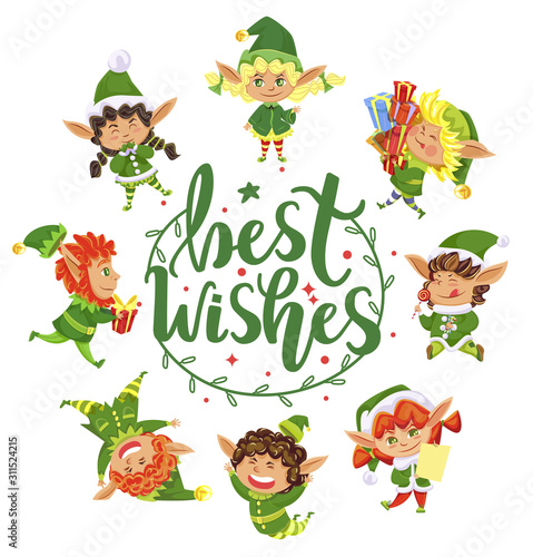 Best wishes greeting card with calligraphic inscription and cute elves in circle. Kids smiling and jumping around wreath of mistletoe. Girls and boys with presents on xmas winter holidays, vector