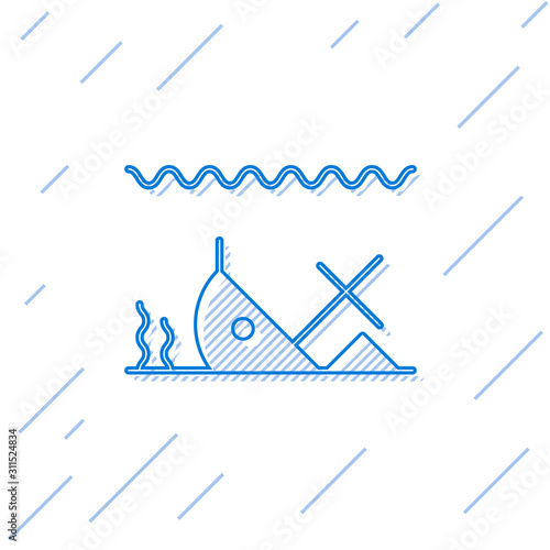 Blue line Sunken ship at the bottom of the sea icon isolated on white background.  Vector Illustration