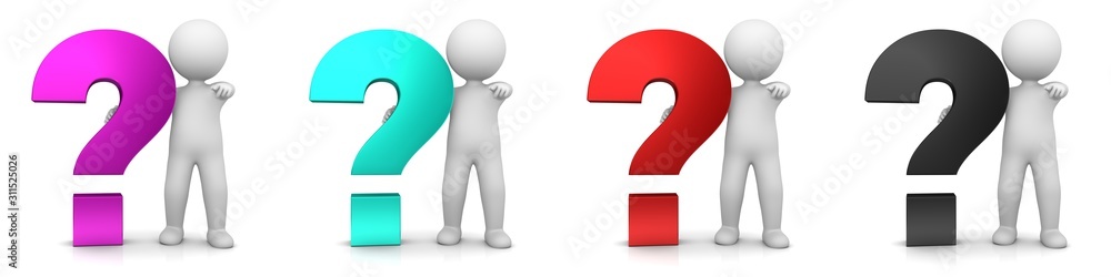 question marks black red pink turquoise 3d interrogation point white man