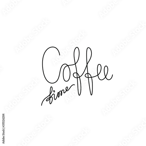 Coffee time emblem or logo design, continuous line drawing, hand drawn lettering, modern calligraphy, one single line on a white background, isolated vector illustration