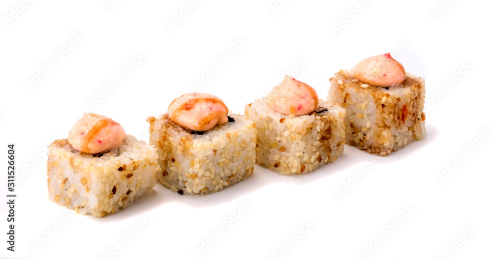 Deep fried Japanese hot roll. with mussels, sesame seeds, bacon and cream cheese isolated on white background