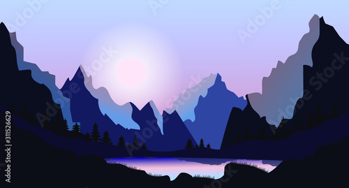 Fototapeta Naklejka Na Ścianę i Meble -  Vector illustration. Mountain landscape. Lake.