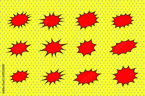 Splash star set in flat style. Set of explosion background for a surprising and shocking moment. Comic cartoon speech bubble for different emotions: Omg, Boom, Wow, Damn, Gtfo, Yeah, Wtf without text.