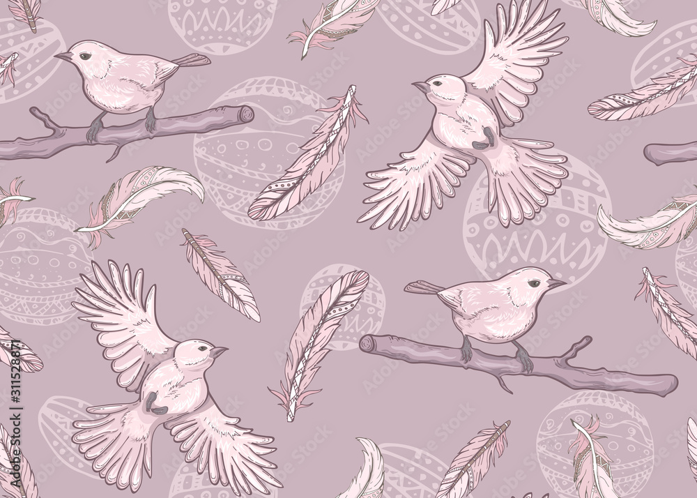 Seamless pattern with birds and feathers.