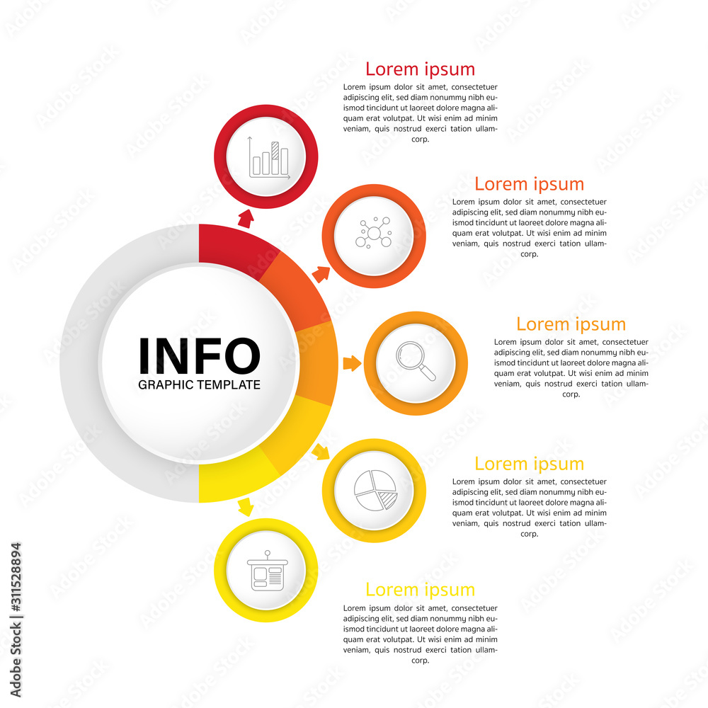 Infographic circle element template can be used for workflow layout, diagram, number options, web design. Infographic business concept with 5 option, parts, steps or processes. 