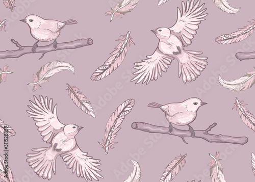 Seamless pattern with birds and feathers.