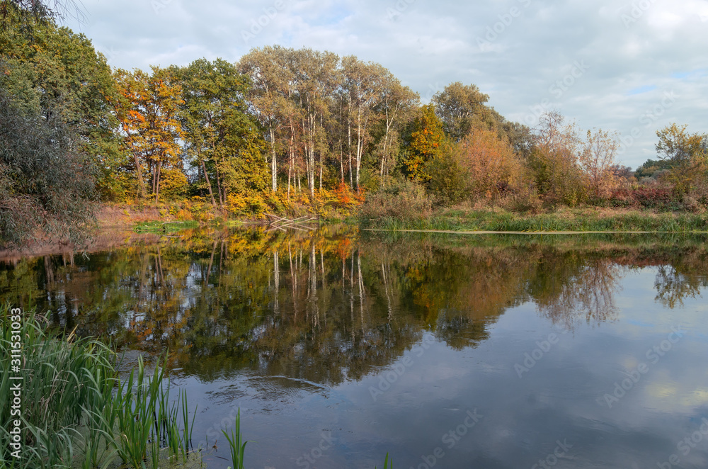 Autumn landscape by the river, symmetrical reflection in the water Autumn landscape by the river, symmetrical reflection in the water