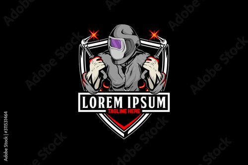men with welding machines and helmets vector template logo emblem