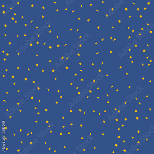 Blue trend background with gold stars, starry night sky, holiday background, vector illustration
