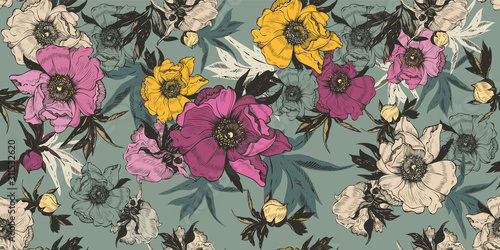  Seamless vector pattern with bright peonies. Floral graphic background