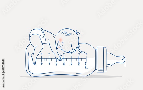 Cute baby boy lying on huge bottle of milk. Cartoon vector illustration