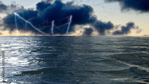 Lightning strikes on the sea surface in stormy sea in the Atlantic Ocean