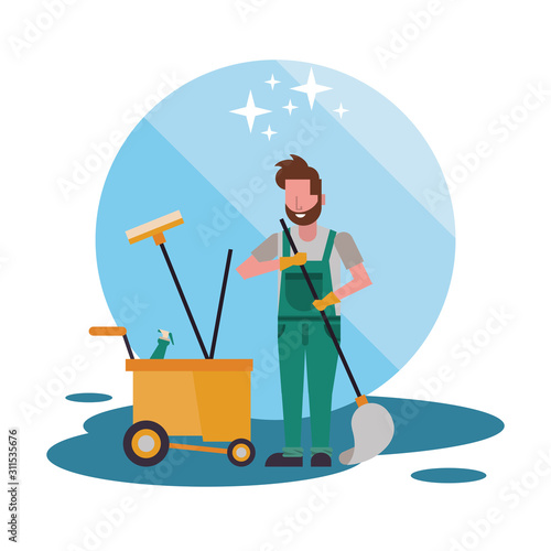 housekepping male worker with mop