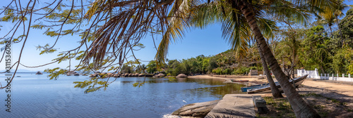 Side view of Catimba   Beach  with trees and coconut trees  Paqueta  Rio de Janeiro  Brazil